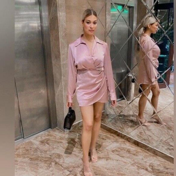 ZARA Dusty Pink Satin Effect Wrap Long Sleeve Dress $59.90 - Picture 3 of 14